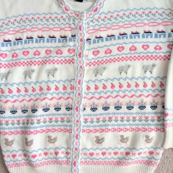 90s Eddie Bauer Cardigan Sweater Lamb Sheep Heart Duck Flower Granny Grandma L - Picture 7 of 9